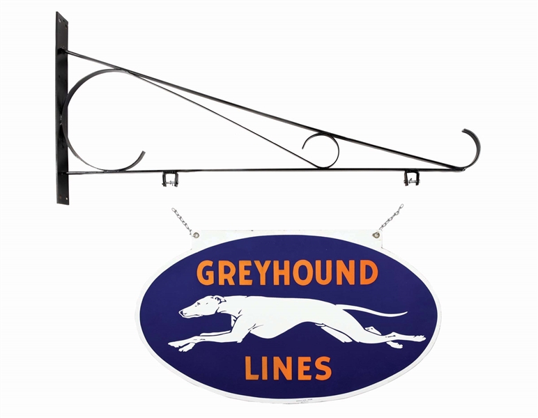 GREYHOUND LINES DOUBLE SIDED PORCELAIN SIGN W/ HANGER.