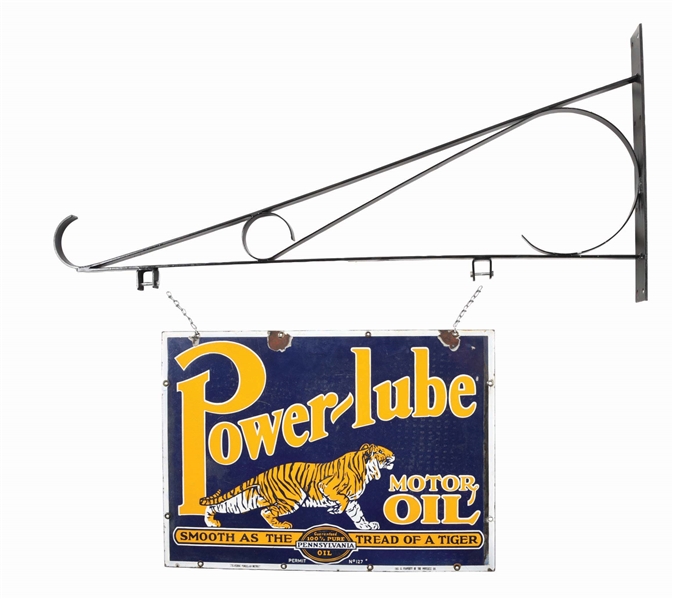 POWERLUBE MOTOR OIL PORCELAIN SIGN W/ TIGER GRAPHIC & HANGER.