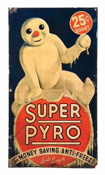 SUPER PYRO ANTI-FREEZE TIN SIGN W/ SNOWMAN GRAPHIC.