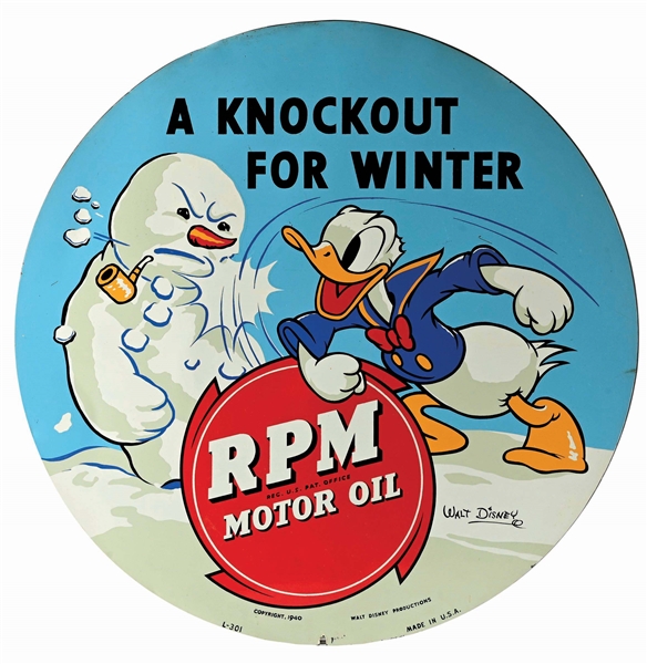 RPM MOTOR OIL "A KNOCKOUT FOR WINTER" TIN SIGN W/ DONALD DUCK GRAPHIC. 