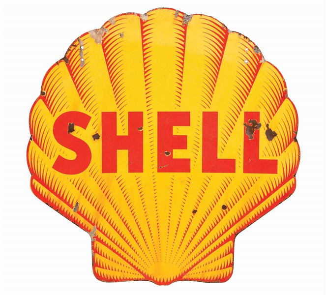 SHELL GASOLINE DIE CUT PORCELAIN CLAMSHELL SIGN.