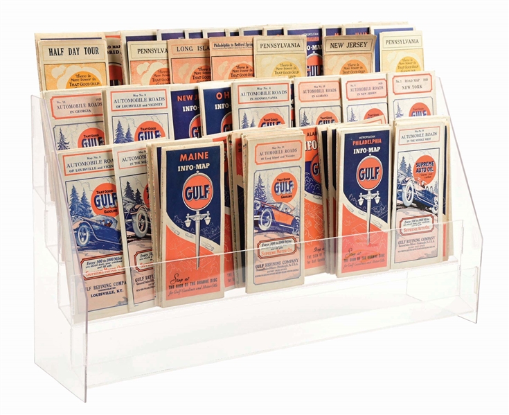 LARGE GULF SERVICE STATION MAP COLLECTION WITH DISPLAY STAND. 