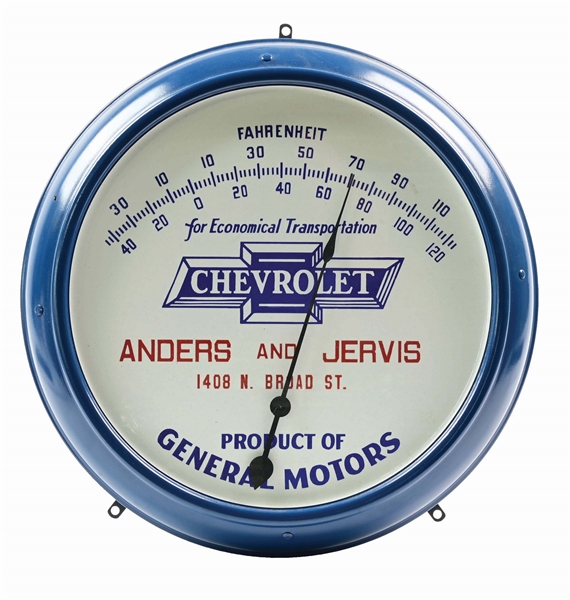 OUTSTANDING CHEVROLET "ANDERS & JERVIS" DEALERSHIP THERMOMETER W/ BOW TIE GRAPHIC. 