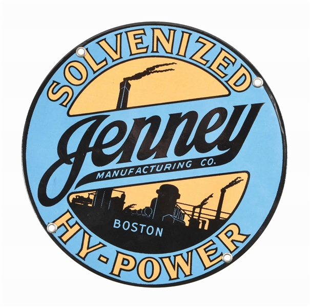 INCREDIBLY RARE JENNEY HY-POWER GASOLINE 9" PORCELAIN PUMP PLATE SIGN AGS 97. 