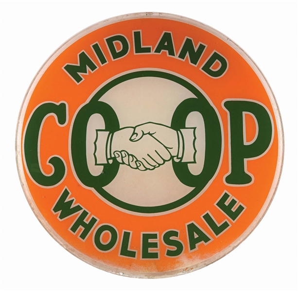 MIDLAND CO-OP GASOLINE SINGLE 13.5" GLOBE LENS W/ SHAKING HAND GRAPHIC. 