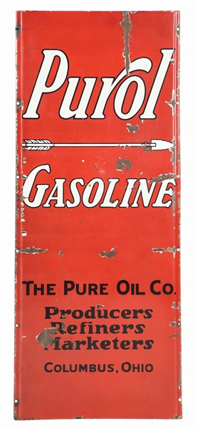 RARE PUROL GASOLINE PORCELAIN LIGHTHOUSE SIGN W/ ARROW GRAPHIC.