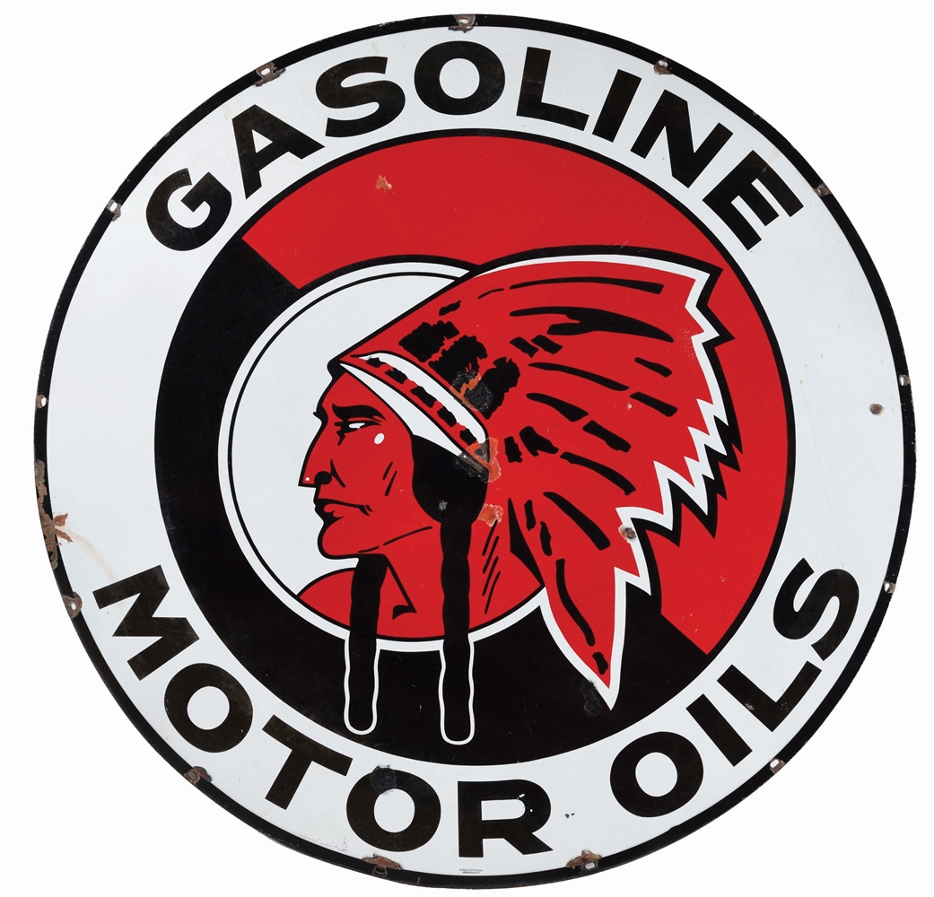 RED INDIAN GASOLINE & MOTOR OILS PORCELAIN SIGN W/ NATIVE AMERICAN GRAPHIC. 