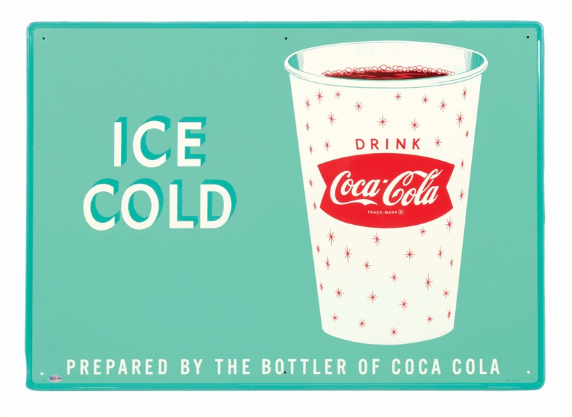 DRINK ICE COLD COCA COLA TIN SIGN W/ WHITE CUP FISHTAIL GRAPHIC. 