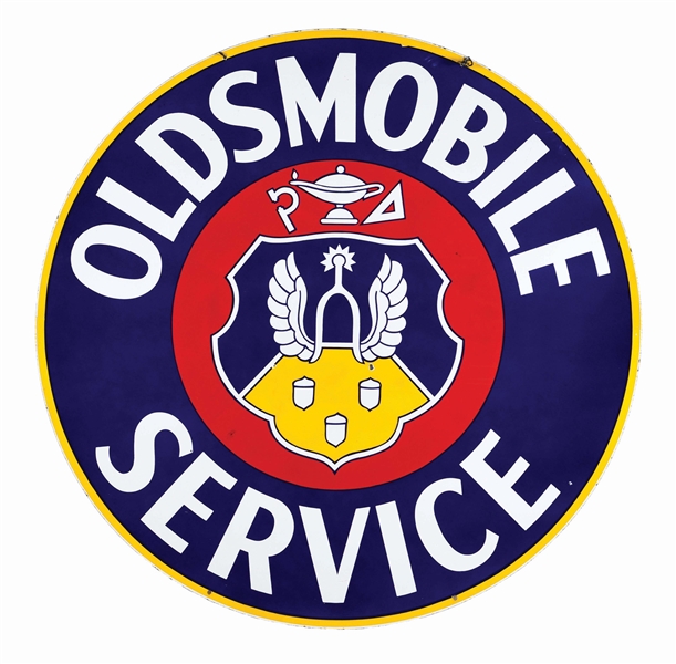 OLDSMOBILE SERVICE PORCELAIN SIGN W/ CREST & LAMP GRAPHIC. 