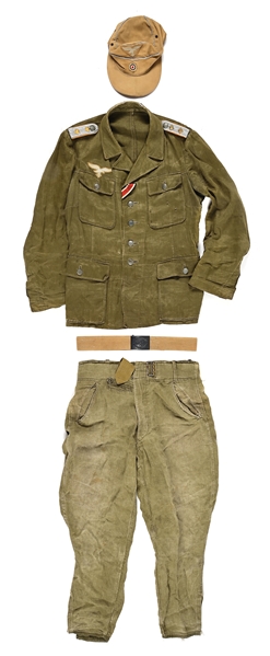 GERMAN WWII LUFTWAFFE TROPICAL UNIFORM WITH TUNIC, TROUSERS, HAT, AND BELT.