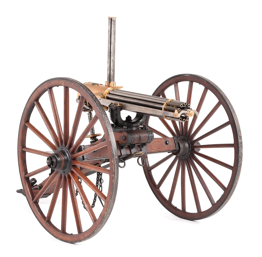 (A) FABULOUS HIGH CONDITION ORIGINAL ARMY PURCHASED "LONG MODEL" COLT MODEL 1875 GATLING GUN ON ORIGINAL FIELD CARRIAGE IN DISPLAY CASE.