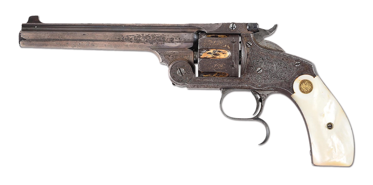 (A) EXHIBITION QUALITY GUSTAVE YOUNG ENGRAVED, SILVER AND GOLD FINISHED SMITH & WESSON NEW MODEL NO. 3 TARGET REVOLVER SHIPPED TO EXHIBITION SHOOTER JOHN LORIS.