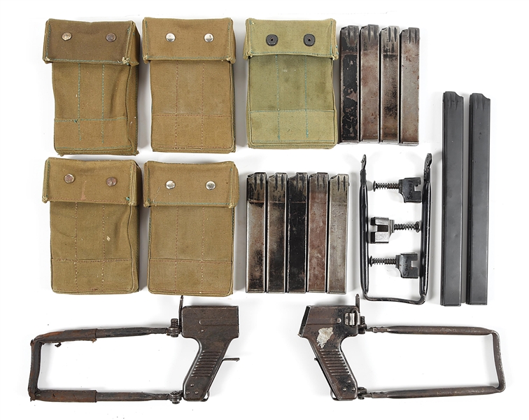 PAIR OF HIGH-CAPACITY MADSEN MODEL 50 MACHINE GUN MAGAZINES WITH REAR STOCK ASSEMBLIES.