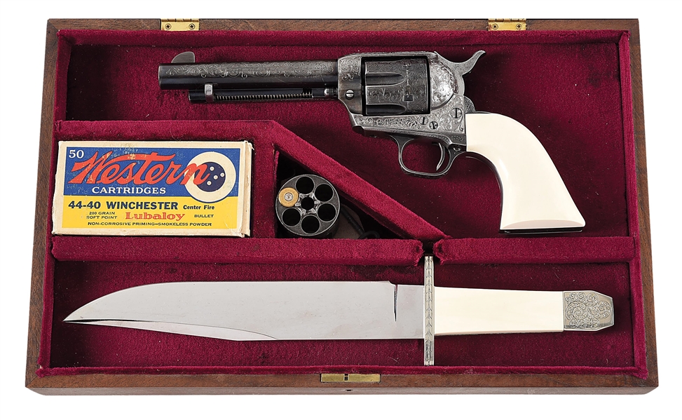 (C) VERY ATTRACTIVE CASED AND ENGRAVED COLT SINGLE ACTION ARMY REVOLVER AND BOWIE KNIFE.