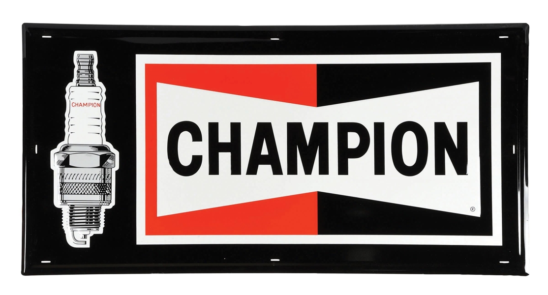 CHAMPION SELF FRAMED EMBOSSED TIN SIGN WITH SPARK PLUG GRAPHIC.