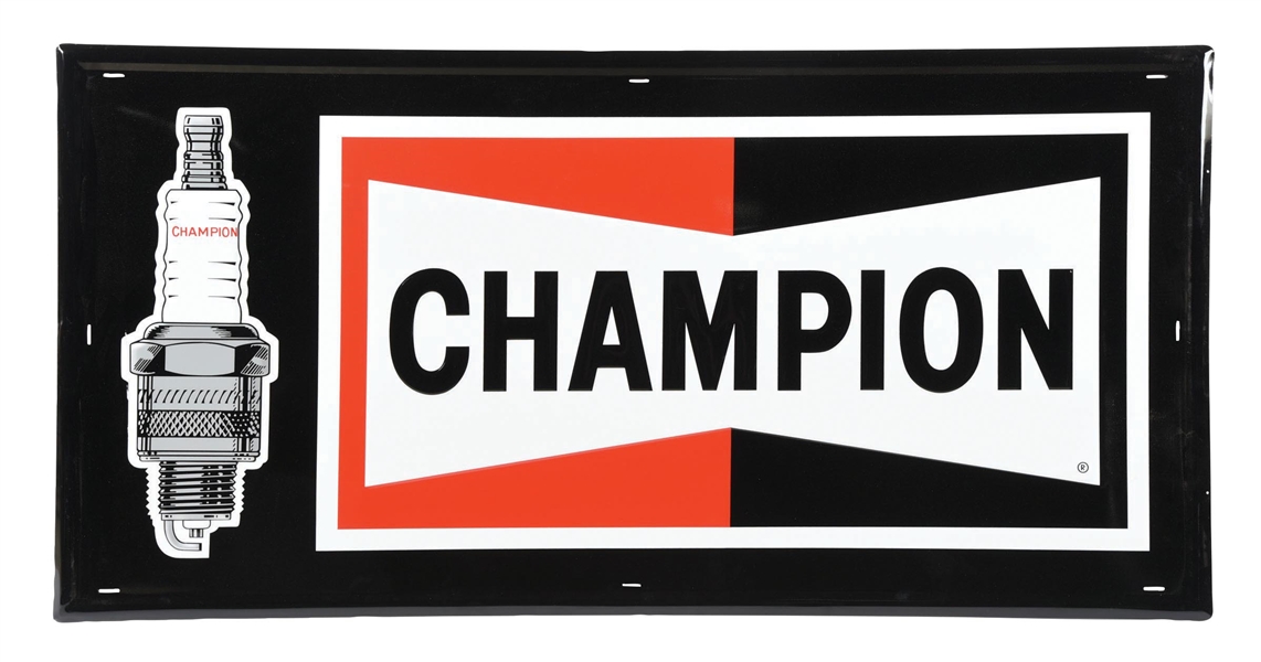 CHAMPION SPARK PLUGS EMBOSSED TIN SIGN W/ SPARK PLUG GRAPHIC AGS 95. 