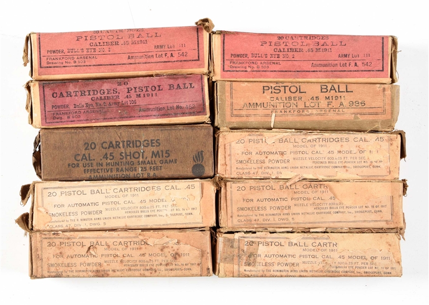 LOT OF 10: EARLY BOXES OF MILITARY .45 ACP, INCLUDING A RARE SEALED PACK OF M15 SHOT.