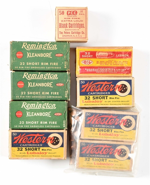 LOT OF COLLECTIBLE BOXES OF .32 SHORT RIMFIRE AMMUNITION.