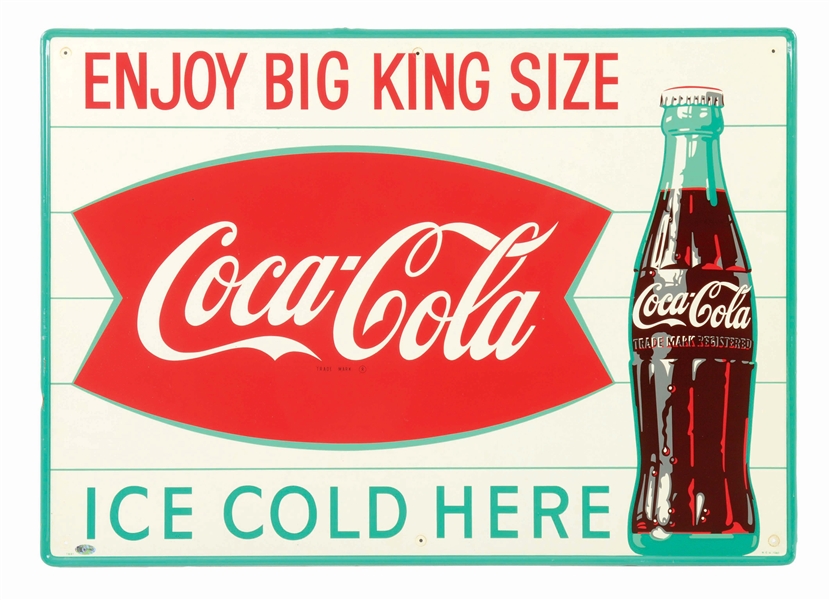 OUTSTANDING ENJOY BIG KING SIZE COCA COLA TIN SIGN W/ BOTTLE & FISHTAIL GRAPHIC. 