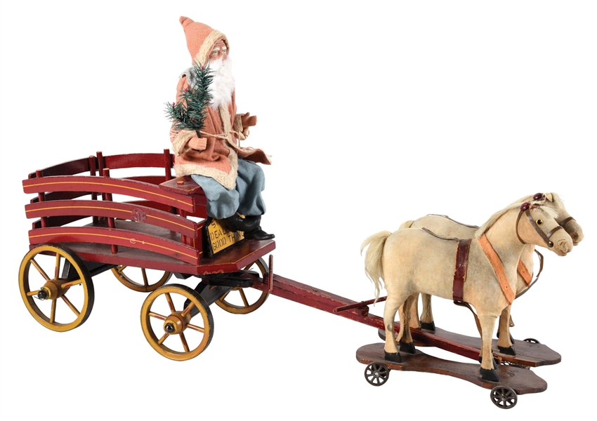 VERY RARE & EARLY WOODEN & COMPOSITION SANTA CLAUS IN CART PULLED BY 2 HORSES
