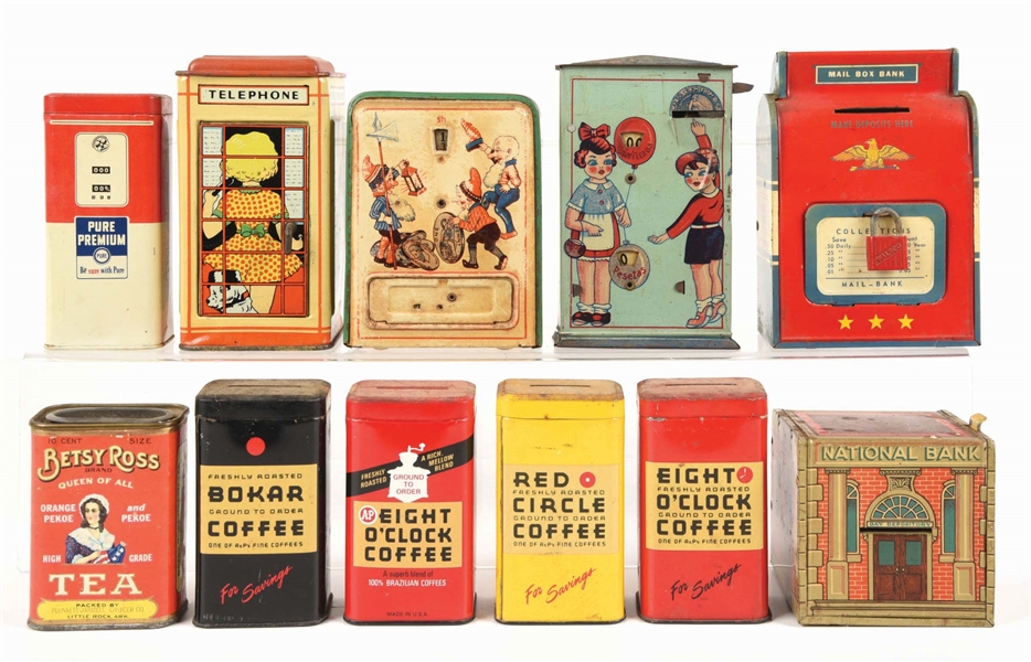 LOT OF 11: VARIOUS TIN LITHO PENNY BANKS