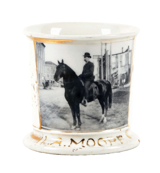 PHOTOGRAPH OF MAN ON HORSE SHAVING MUG.