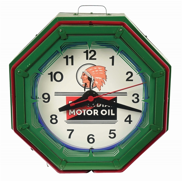 RED INDIAN MOTOR OIL RED BLUE NEON DEALERSHIP CLOCK.