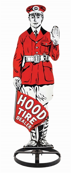 HOOD TIRES PORCELAIN FLAGMAN SIGN ON WAGON WHEEL BASE. 