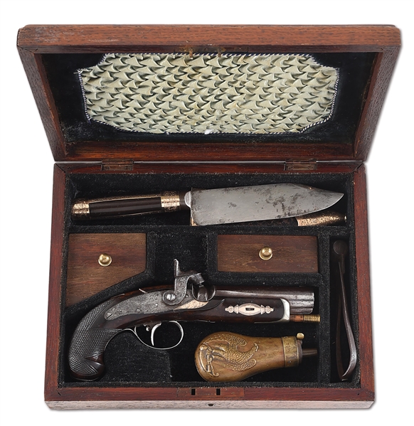 (A) FANTASTIC CASED NEW ORLEANS AGENT MARKED GOLD MOUNTED HENRY DERRINGER MEDIUM SIZE PERCUSSION POCKET PISTOL AND BOWIE KNIFE SET.