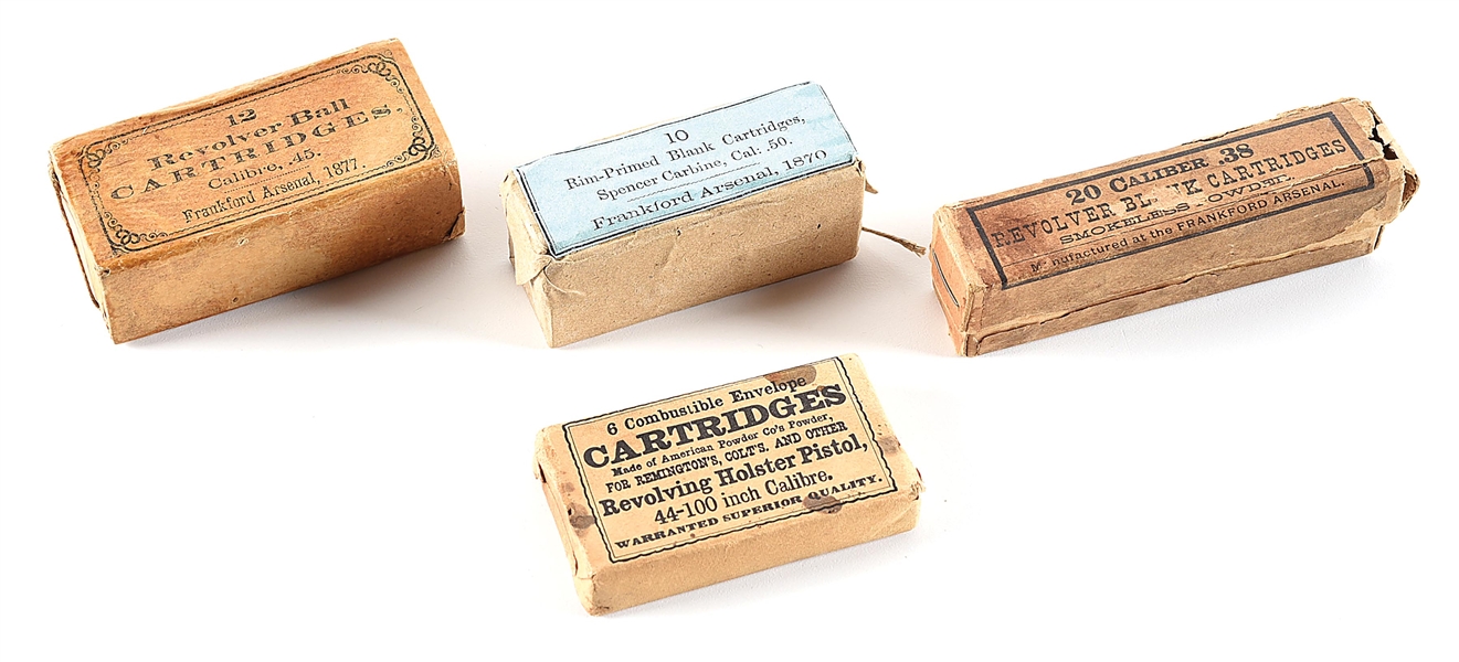 LOT OF 4: EARLY BOXES OF US ISSUE FRANKFORD AMMUNITION.