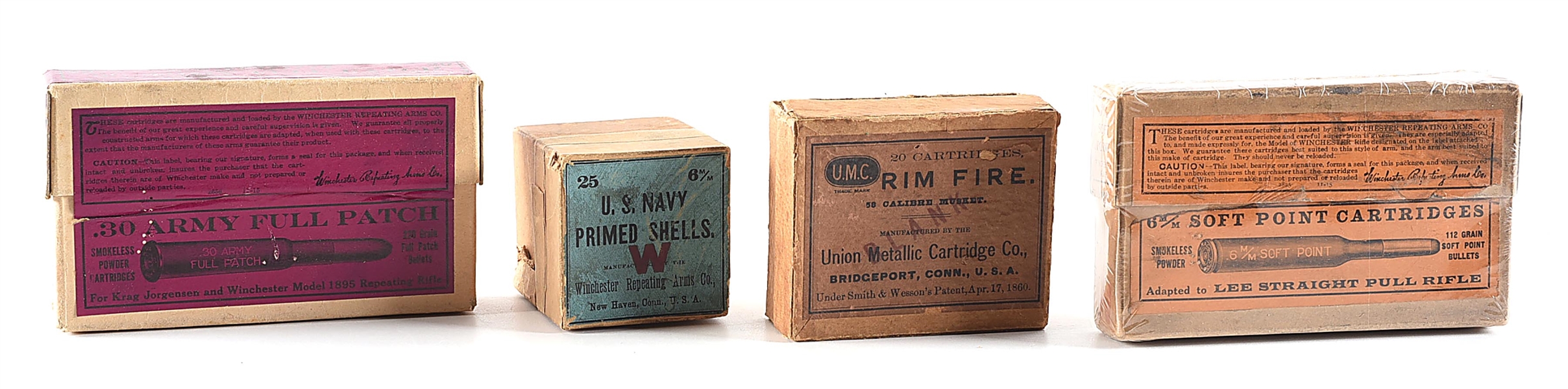 LOT OF 4: COLLECTIBLE BOXES OF AMMUNITION, LEE RIFLE, KRAG