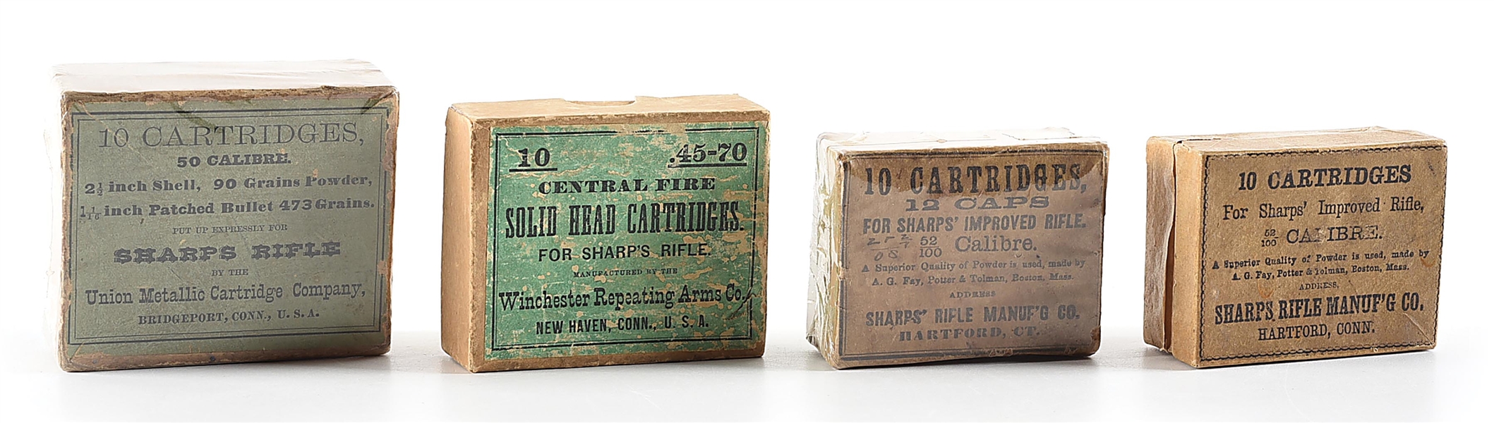 LOT OF 4: 19TH CENTURY SHARPS RIFLE AND CARBINE AMMUNITION BOXES.