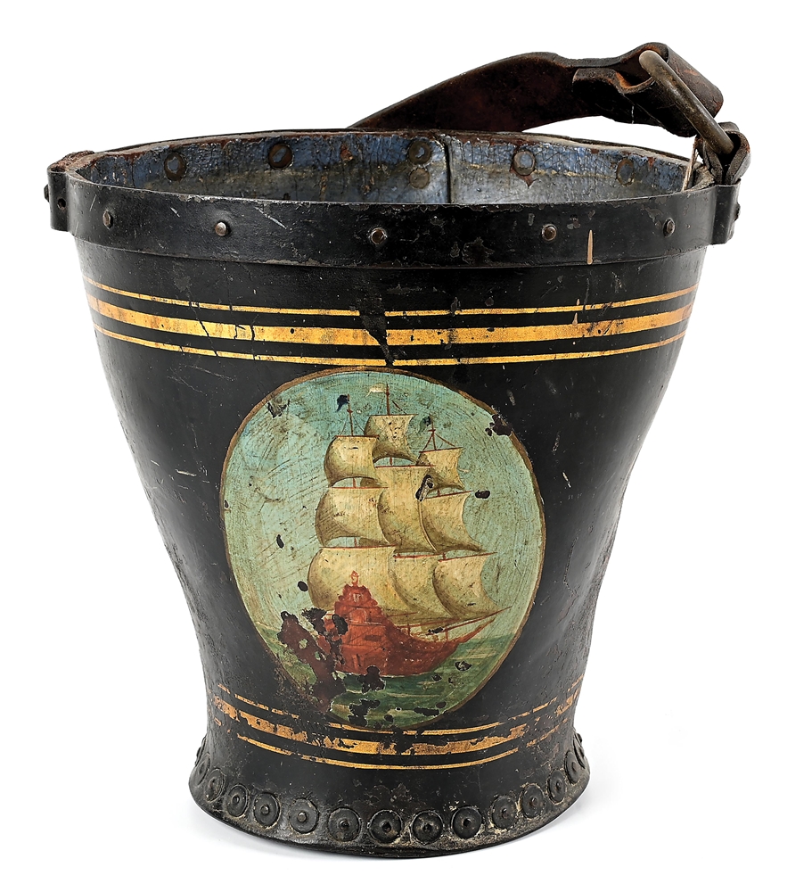 ANTIQUE PAINTED LEATHER FIRE BUCKET.