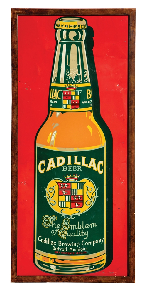 FRAMED CADILLAC BEER TIN ADVERTISING SIGN