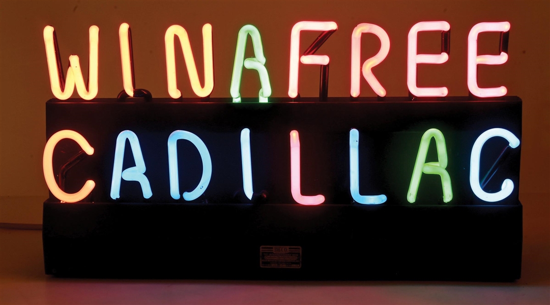INTERCHANGEABLE WIN-A-FREE CADILLAC NEON SIGN. 
