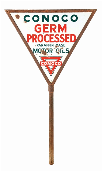 CONOCO MOTOR OILS PORCELAIN TRIANGULAR CURB SIGN.