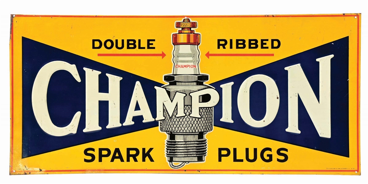 CHAMPION SPARK PLUGS EMBOSSED TIN SIGN W/ SPARK PLUG GRAPHIC. 