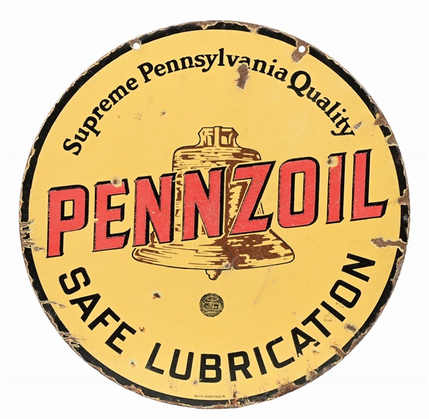PENNZOIL SAFE LUBRICATION PORCELAIN SIGN W/ BELL GRAPHIC. 