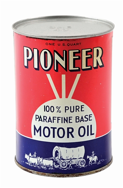 PIONEER MOTOR OIL ONE QUART CAN W/ WAGON GRAPHIC. 