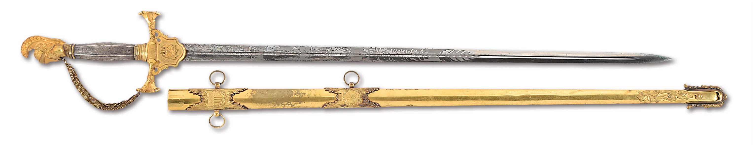 US PRE CIVIL WAR KNIGHT HEAD POMMEL SWORD PRESENTED TO MAJOR GEORGE BRASTOW.