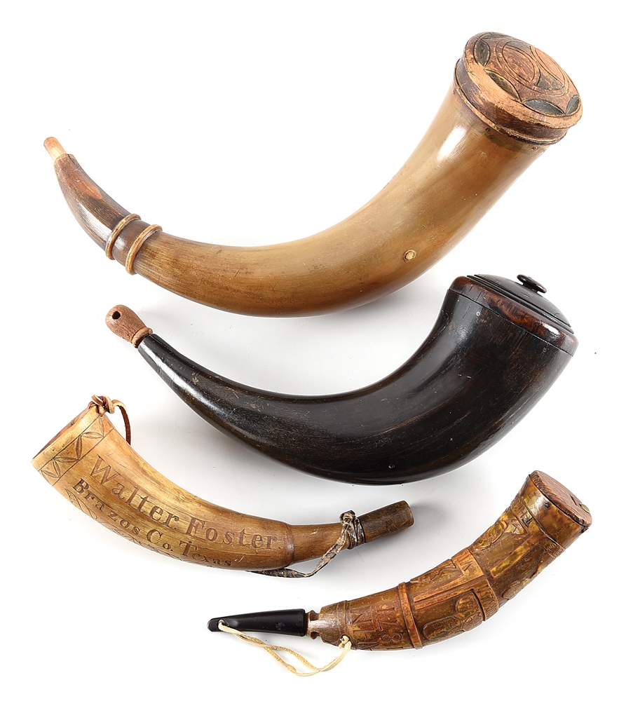 LOT OF 4: POWDER HORNS, ONE ENGRAVED WITH TEXAS.