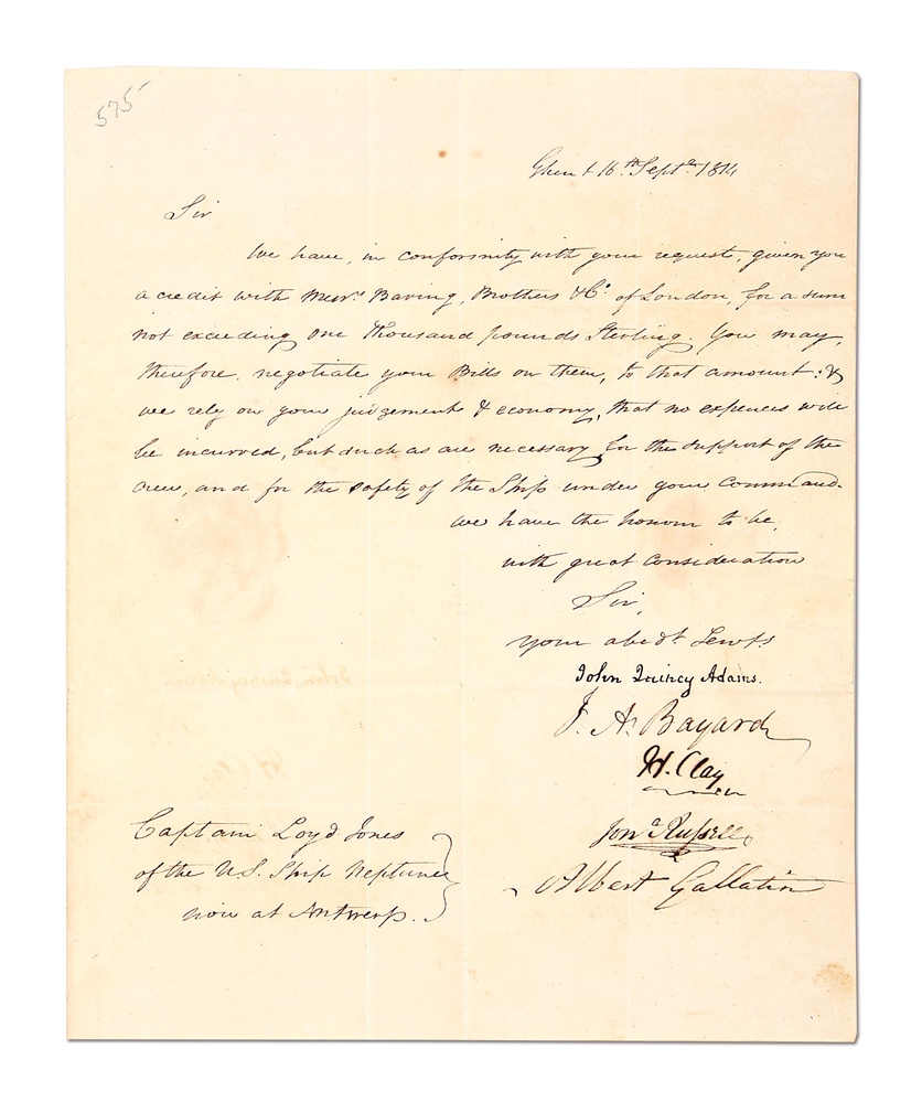 LETTER SIGNED BY THE 5 AMERICAN DELEGATES WHO SIGNED THE TREATY OF GHENT.