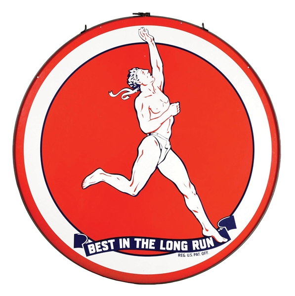 EXCPEPTIONAL MARATHON "BEST IN THE LONG RUN" PORCELAIN SIGN W/ RING AGS 95.