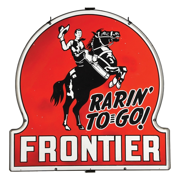 FRONTIER "RARIN TO GO" PORCELAIN KEYHOLE SIGN WITH METAL RING.