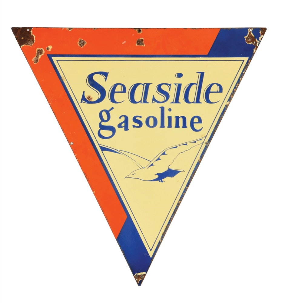 SEASIDE GASOLINE PORCELAIN SIGN WITH FLYING SEAGULL GRAPHIC.