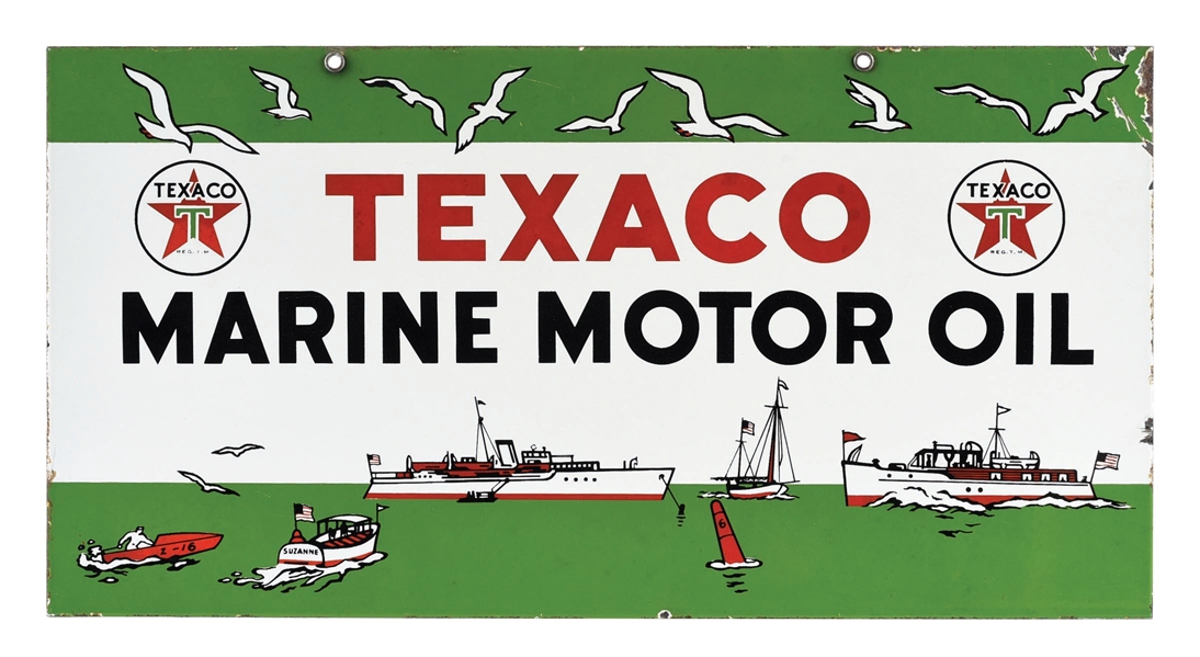 TEXACO MARINE MOTOR OIL PORCELAIN SIGN W/ BOATING SCENE GRAPHIC. 