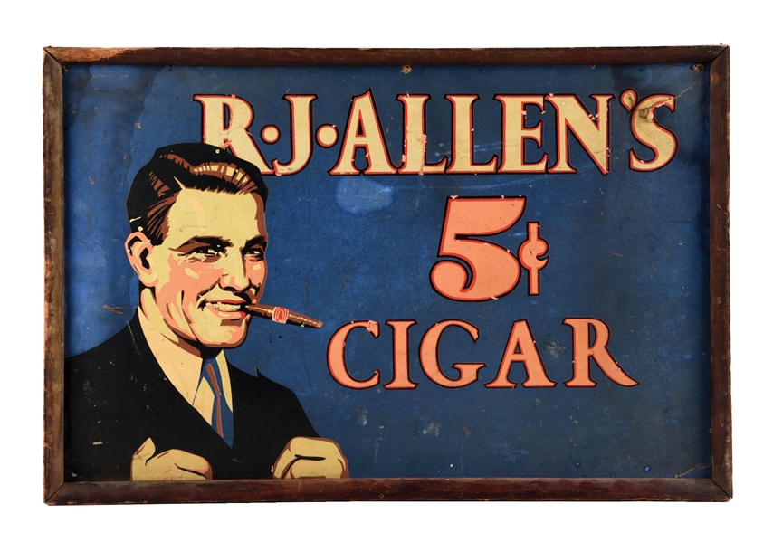 R. J. ALLENS 5¢ CIGAR CARDBOARD LITHOGRAPH W/ GENTLEMEN GRAPHIC.