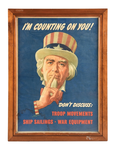 UNCLE SAM "IM COUNTING ON YOU!" FRAMED ADVERTISING POSTER W/UNCLE SAM GRAPHIC.