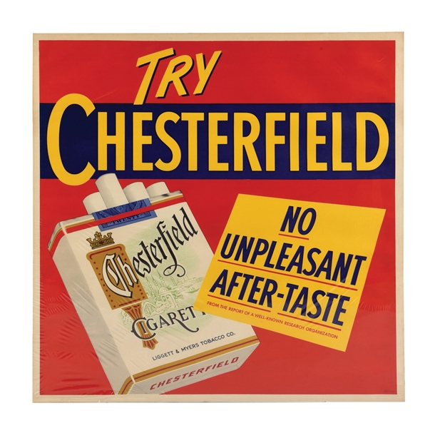 TRY CHESTERFIELD CIGARETTES CARDBOARD LITHOGRAPH W/ CIGARETTE PACK GRAPHIC.