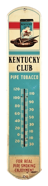 KENTUCKY CLUB PIPE TOBACCO PAINTED METAL THERMOMETER W/ TOBACCO TIN & PIPE GRAPHIC